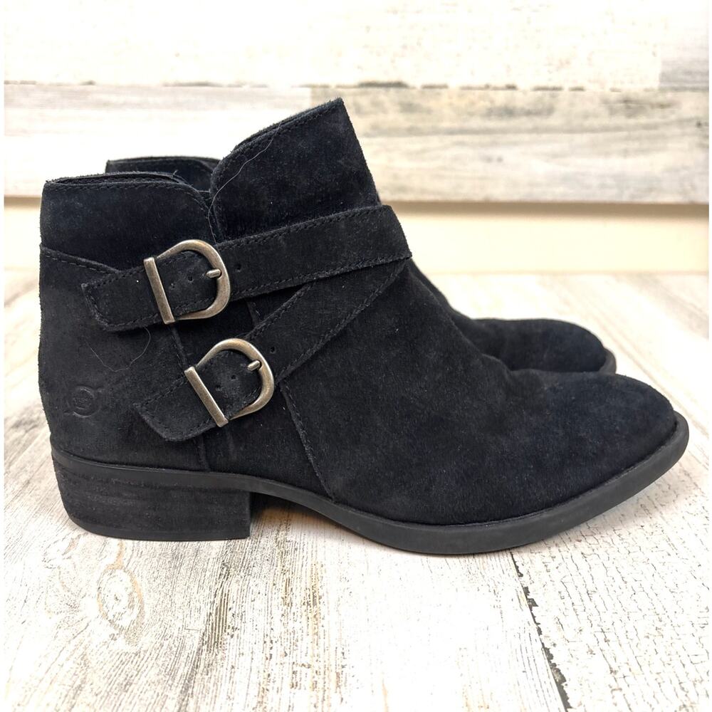 Born Womens 6.5 Black Suede Ankle Boots Buckle Comfort Chic